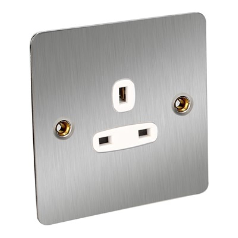Flat Plate 13Amp 1 Gang Socket Unswitched *Satin Chrome/White In
